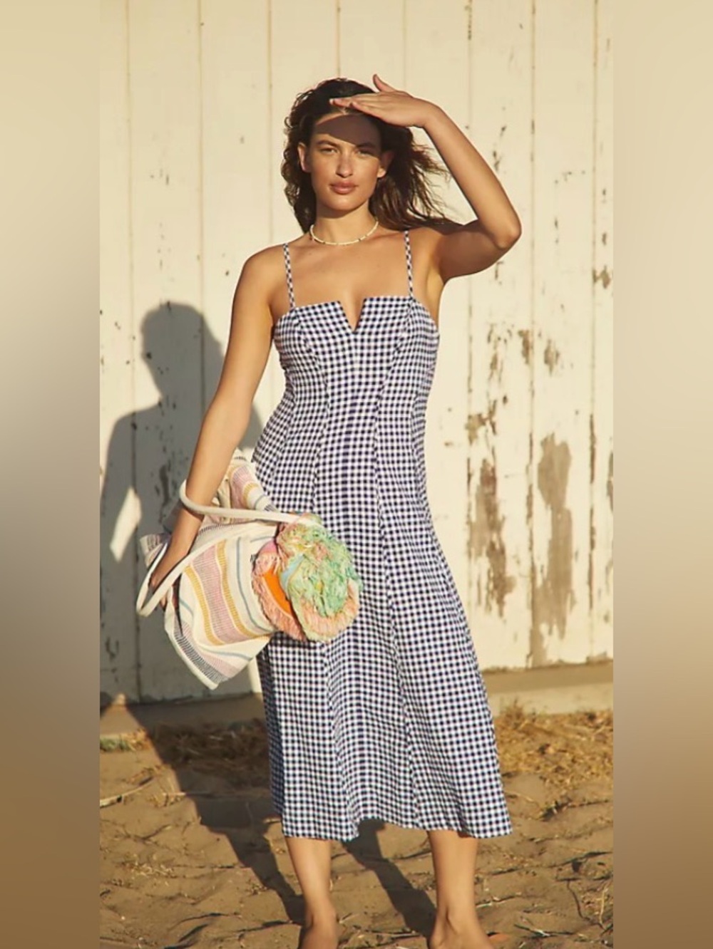 Anthropologie Gingham Spaghetti Strap Midi Dress in Navy & White